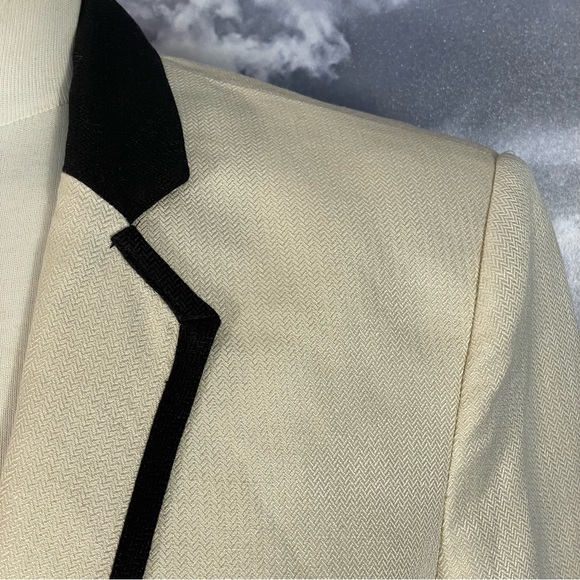 EUC Mango MNG Tan W/ Black Trim Linen Blend One Button Blazer Jacket Sz 6 - Picture 3 of 10